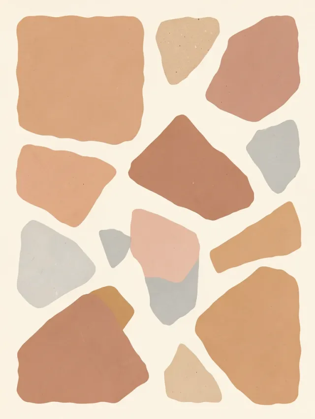 An abstract terrazzo print with oversized fragments in muted warm tones