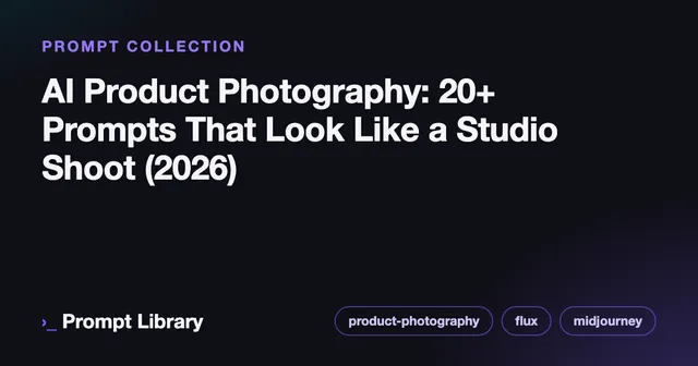 Branded cover card for the prompt collection “AI Product Photography: 20+ Prompts That Look…”, dark theme with iris accent