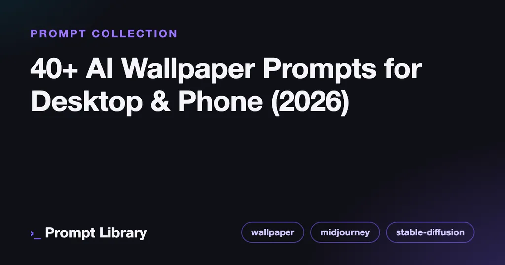 Branded cover card for the prompt collection “40+ AI Wallpaper Prompts for Desktop & Phone (…”, dark theme with iris accent
