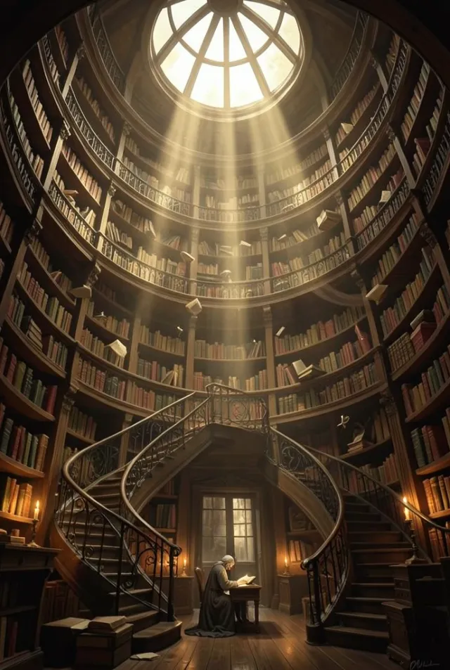 A vast circular wizard library with floating books and light shafts