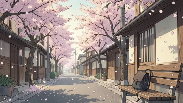 A 90s anime style cherry blossom street scene — AI-generated example render