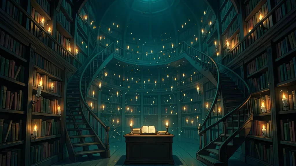 A vast anime background-art library with floating candles