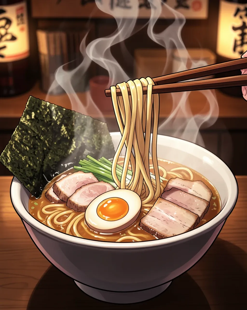 A steaming anime style ramen bowl illustration — AI-generated example render