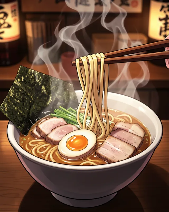 A steaming anime style ramen bowl illustration — AI-generated example render