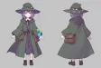 An anime witch character design sheet with turnaround poses