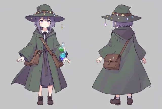 An anime witch character design sheet with turnaround poses