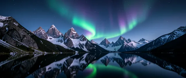 An aurora arcing over a mirror-still mountain lake ultrawide