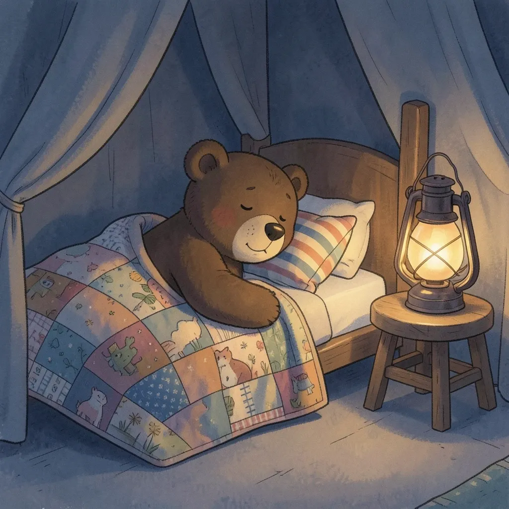 A sleepy bear cub tucked into bed by lantern light