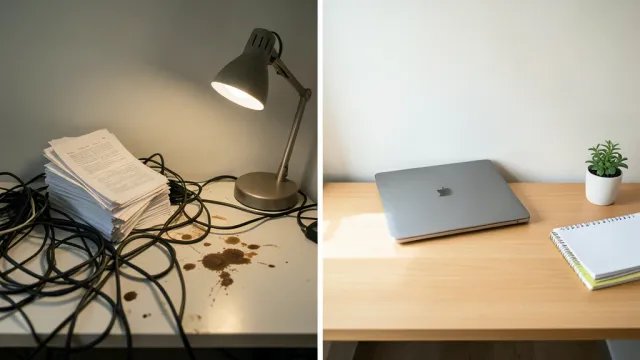 A messy versus organized desk split thumbnail — AI-generated example render