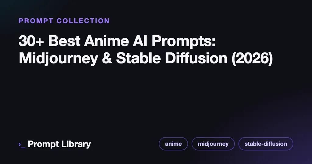 Branded cover card for the prompt collection “30+ Best Anime AI Prompts: Midjourney & Stable…”, dark theme with iris accent