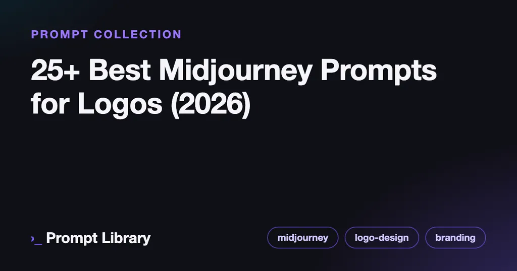 Branded cover card for the prompt collection “25+ Best Midjourney Prompts for Logos (2026)”, dark theme with iris accent