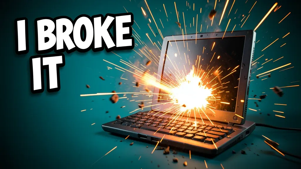 A bold-text exploding computer YouTube thumbnail — AI-generated example render