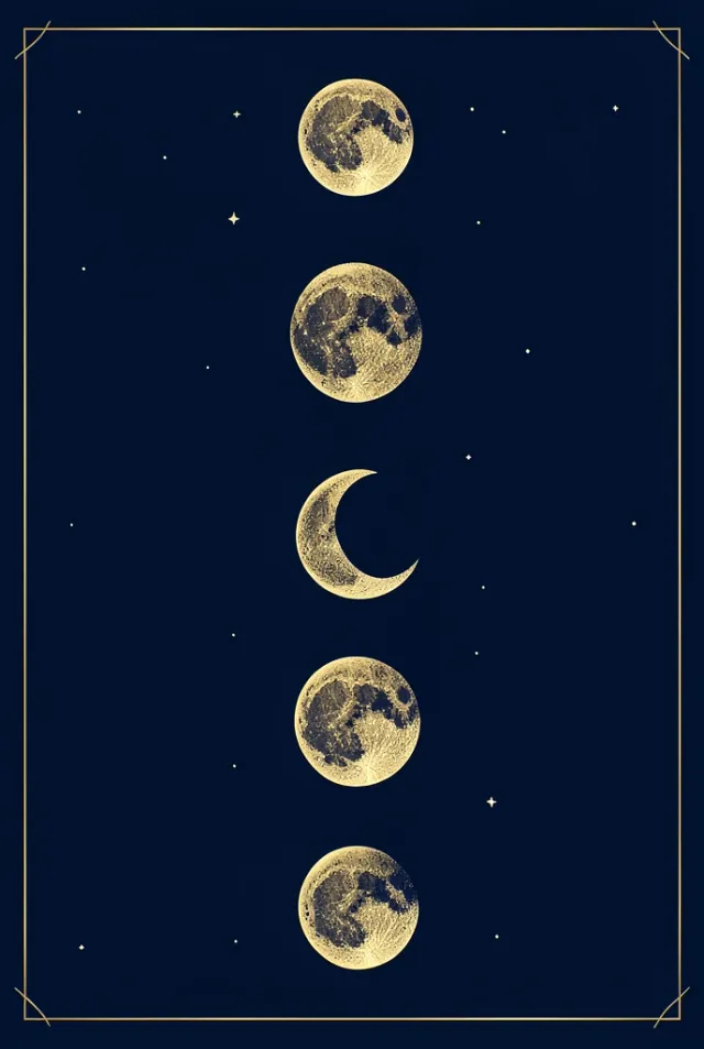A gold moon phases print on deep navy with celestial line accents