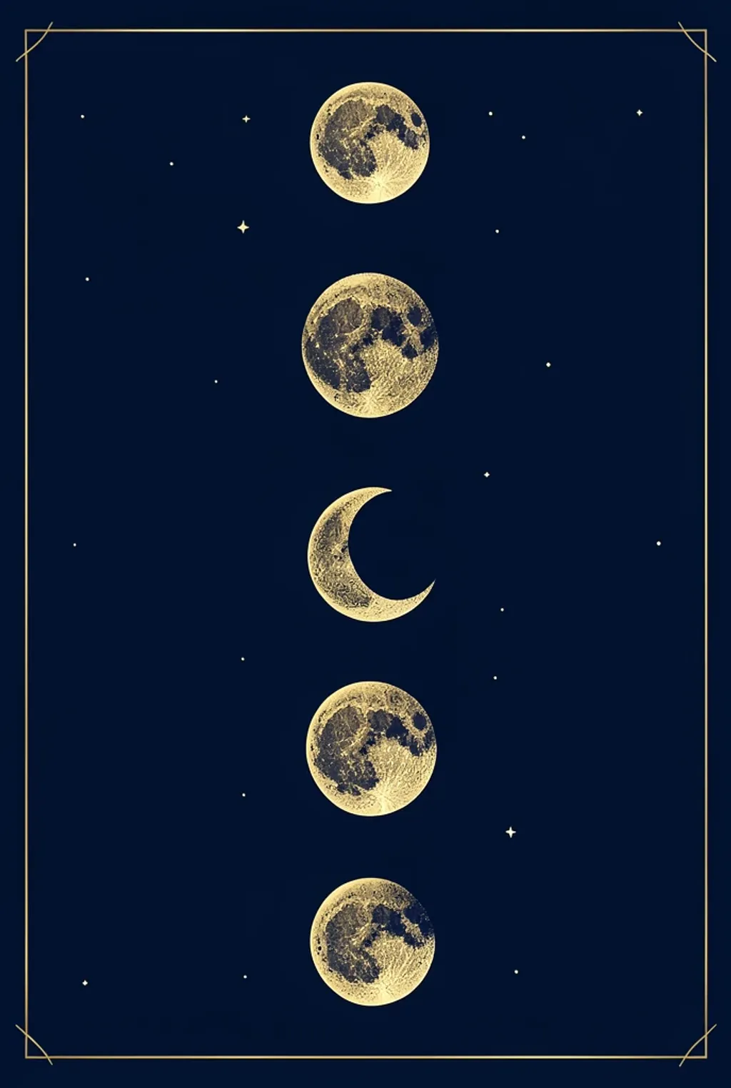 A gold moon phases print on deep navy with celestial line accents