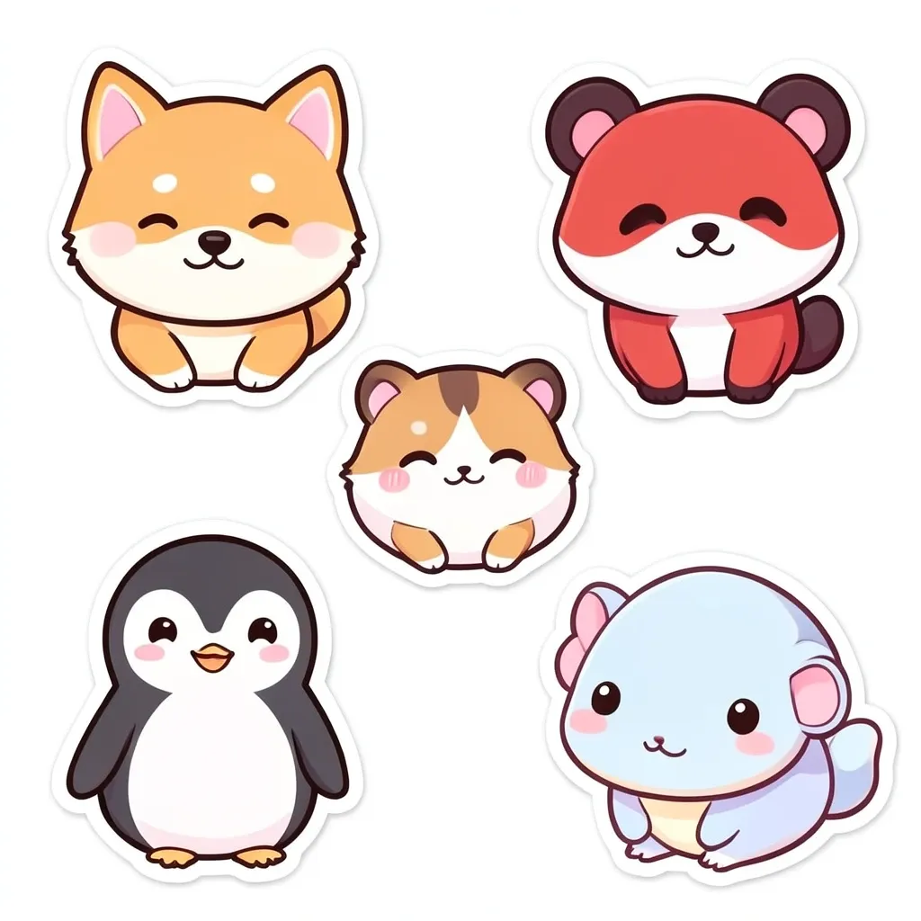 A chibi animal mascot sticker sheet in pastel colors
