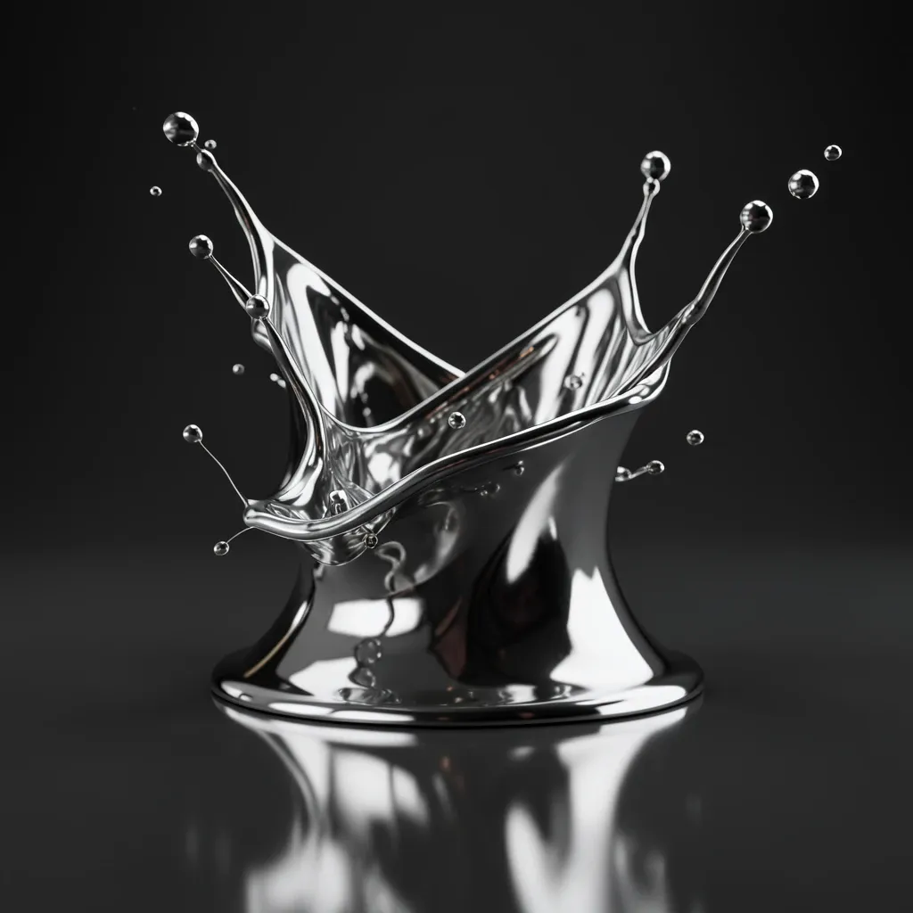 A frozen liquid chrome splash 3D render with studio reflections