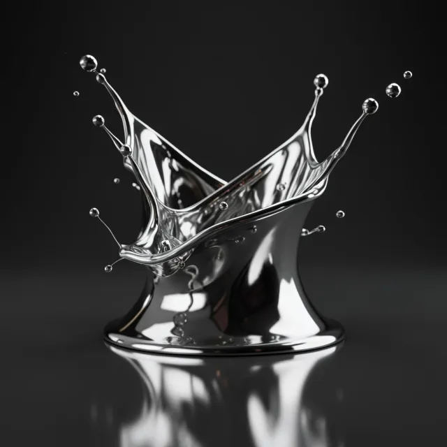 A frozen liquid chrome splash 3D render with studio reflections