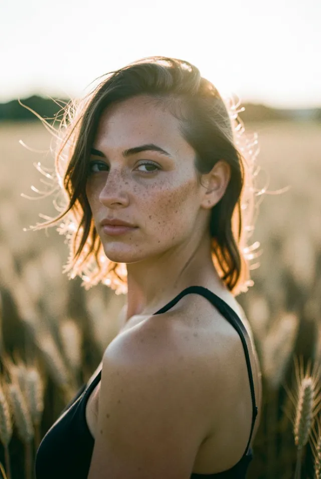 A golden-hour cinematic portrait in a wheat field — AI-generated example render