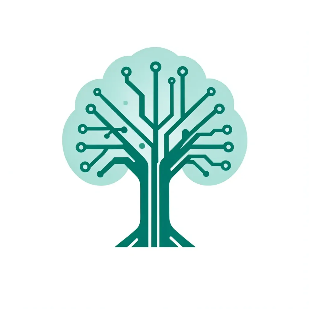 A flat teal tree logo with circuit board branches — AI-generated example render