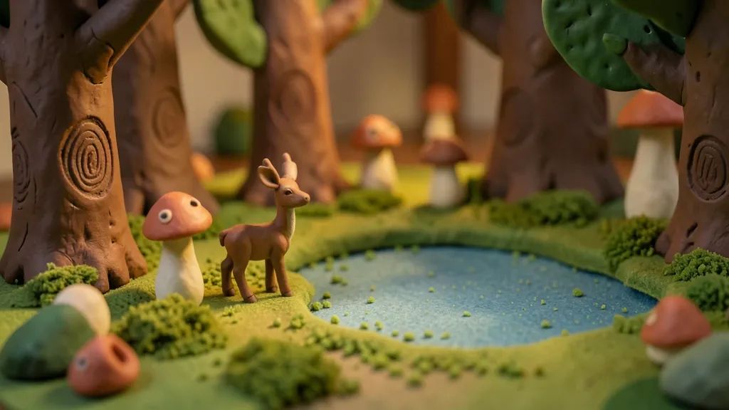 A claymation-style forest clearing with thumbprint clay texture