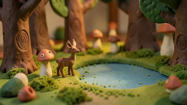 A claymation-style forest clearing with thumbprint clay texture