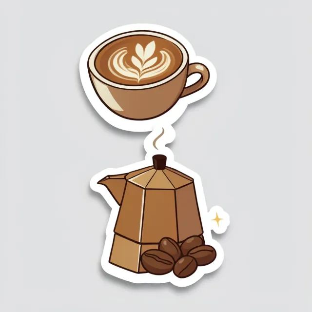 A coffee sticker pack with latte cup, moka pot and beans