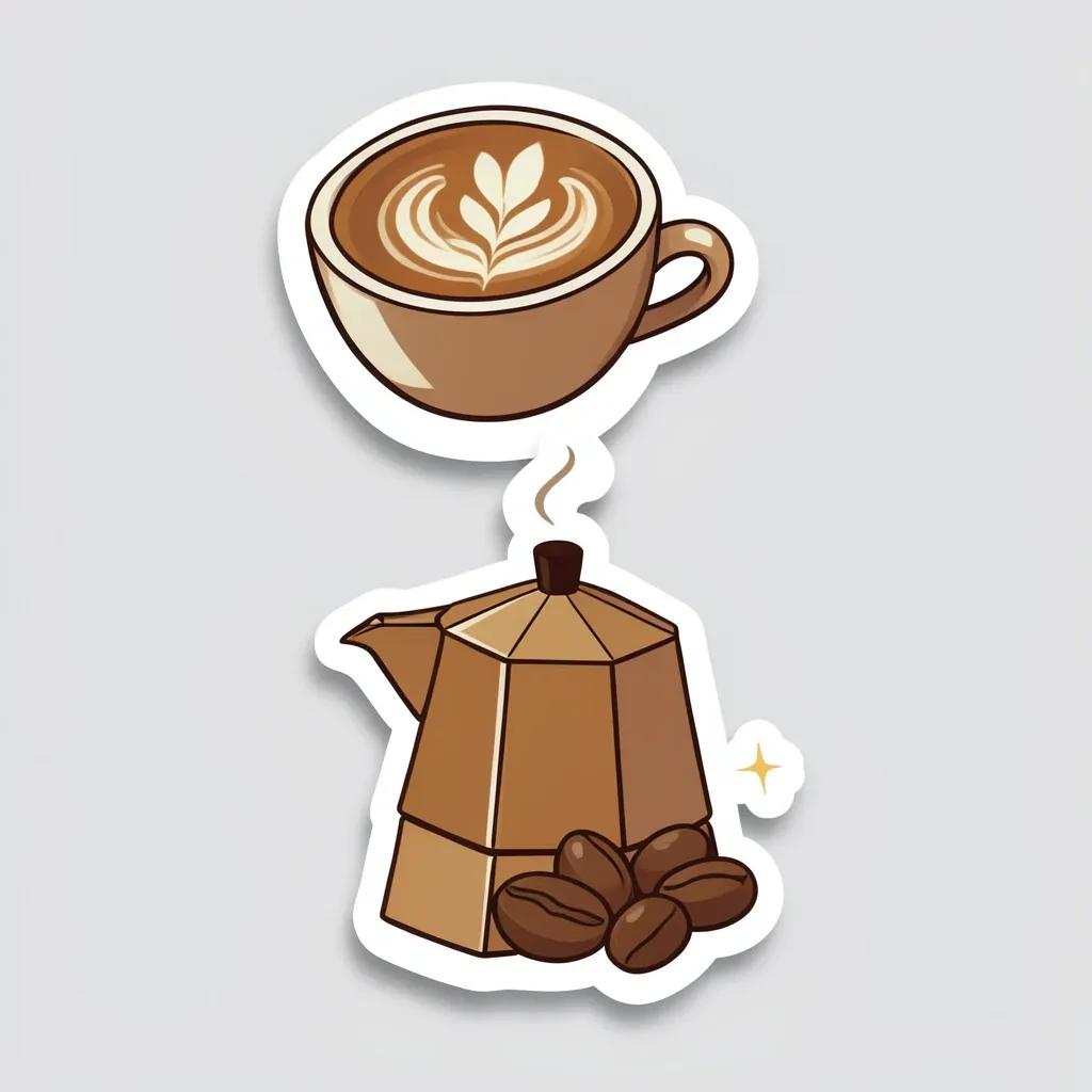 A coffee sticker pack with latte cup, moka pot and beans