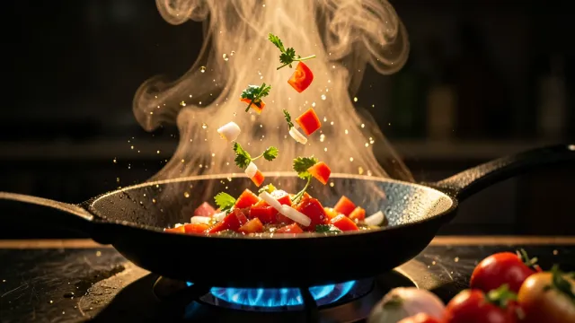 A sizzling pan cooking thumbnail with flying ingredients