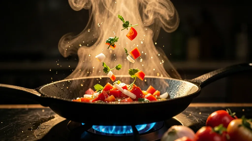 A sizzling pan cooking thumbnail with flying ingredients