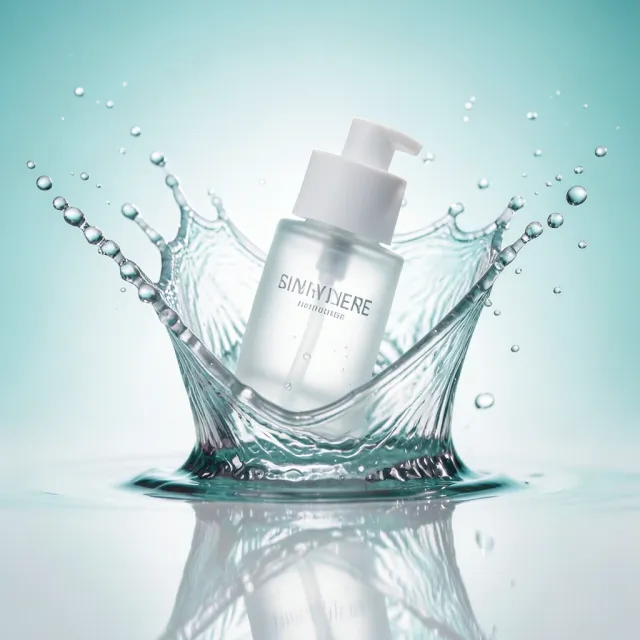 A cosmetics bottle in a suspended water splash — AI-generated example render