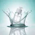 A cosmetics bottle in a suspended water splash — AI-generated example render