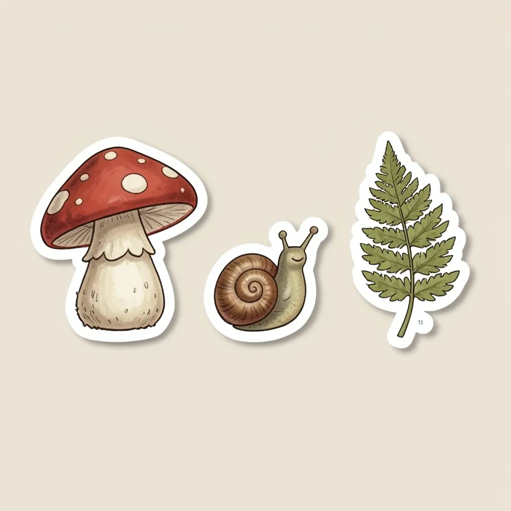 Cottagecore mushroom, snail and fern stickers with white borders