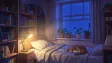 A cozy anime bedroom interior at dusk — AI-generated example render