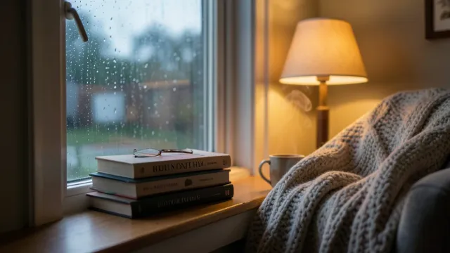 A cozy rainy-day reading nook interior — AI-generated example render