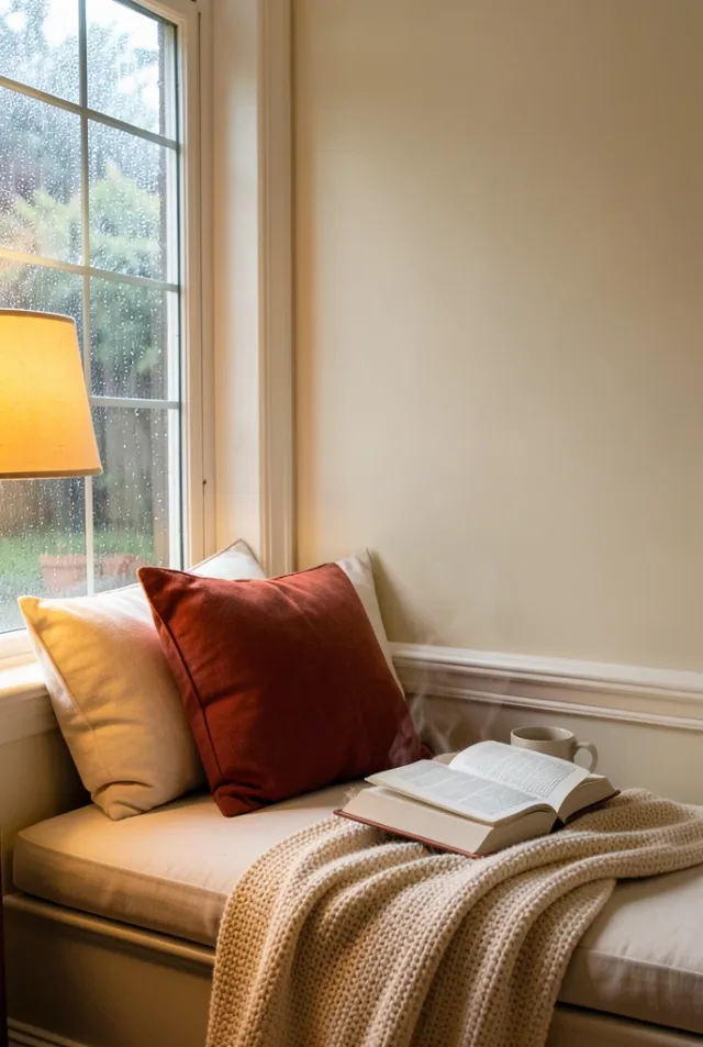A cushioned window reading nook with throw pillows, a blanket and a mug in rainy light
