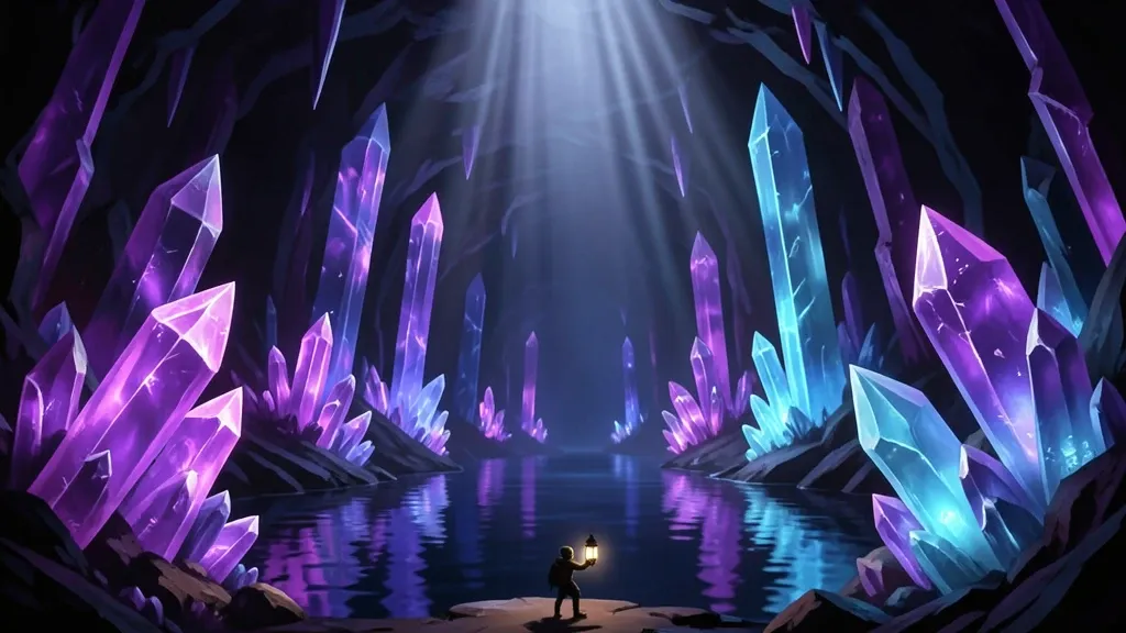 A tiny explorer silhouette in a vast glowing crystal cavern