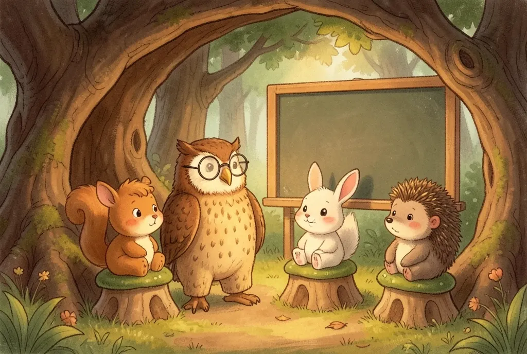 An owl teacher in a woodland classroom with soft painted texture