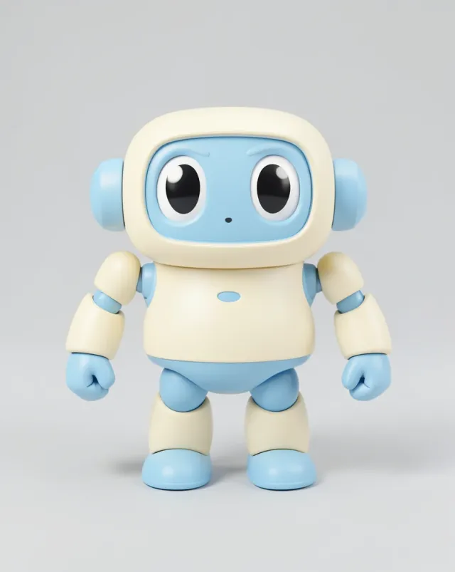 A rounded friendly 3D robot companion in pastel plastic