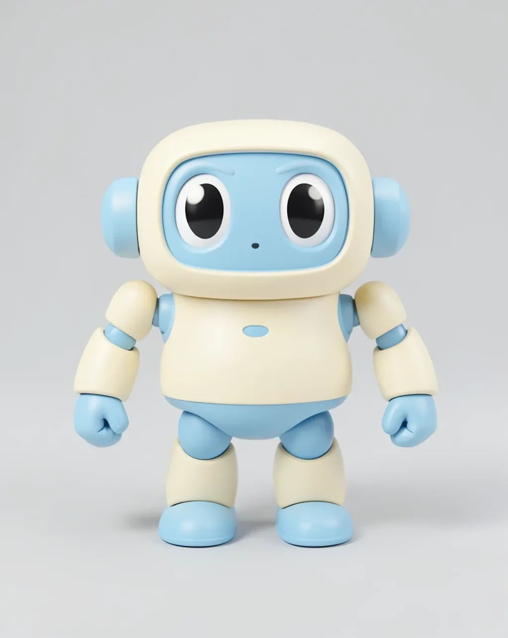 A rounded friendly 3D robot companion in pastel plastic