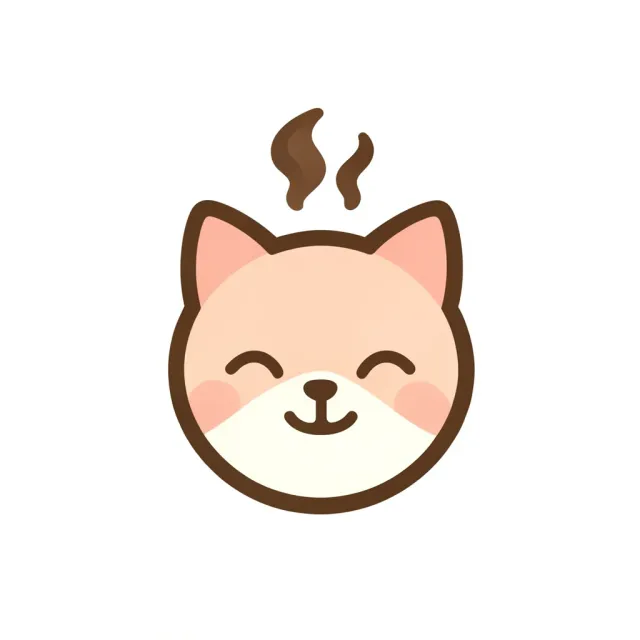 A round pastel cat face café logo with steam curls