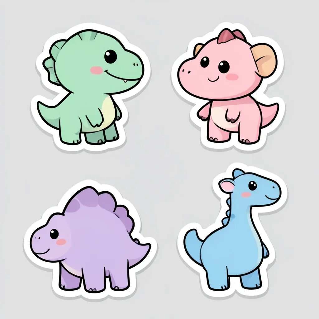 A kawaii pastel dinosaur sticker sheet with four cute dinos