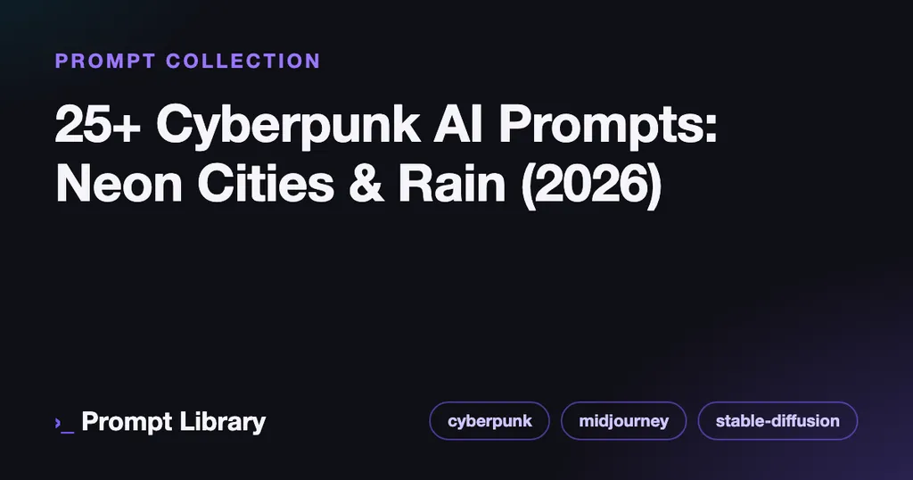 Branded cover card for the prompt collection “25+ Cyberpunk AI Prompts: Neon Cities & Rain (…”, dark theme with iris accent