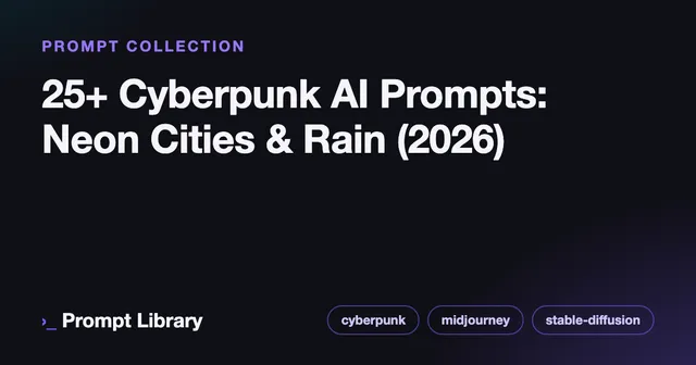 Branded cover card for the prompt collection “25+ Cyberpunk AI Prompts: Neon Cities & Rain (…”, dark theme with iris accent