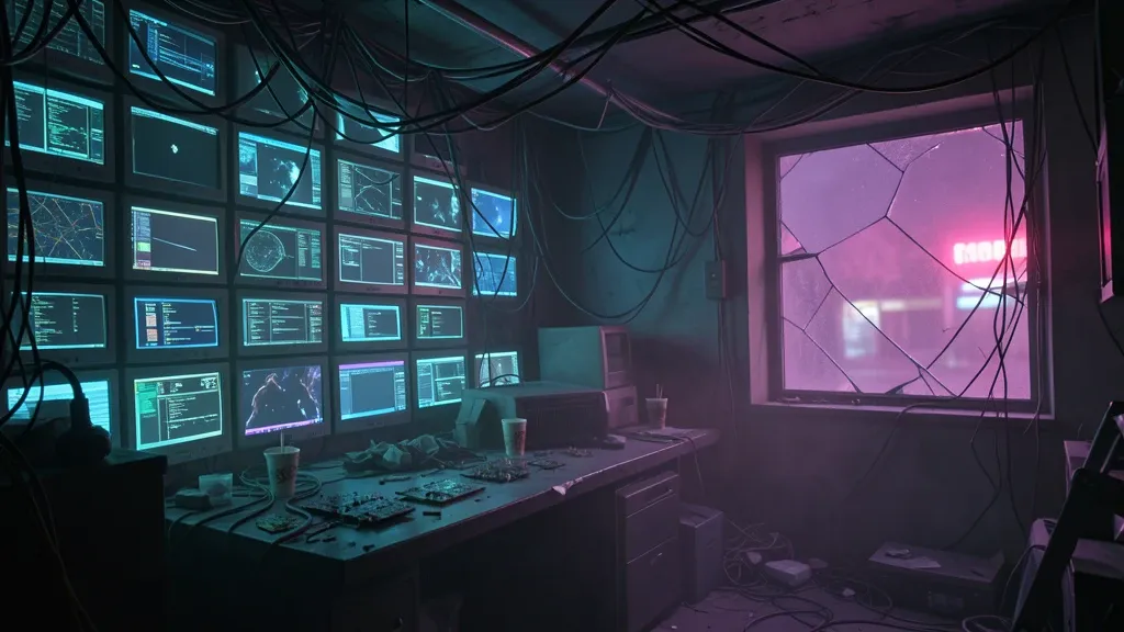 A cluttered cyberpunk hacker den lit by a monitor wall