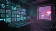 A cluttered cyberpunk hacker den lit by a monitor wall