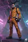 A cyberpunk mech pilot in a neon hangar, painterly SDXL concept art
