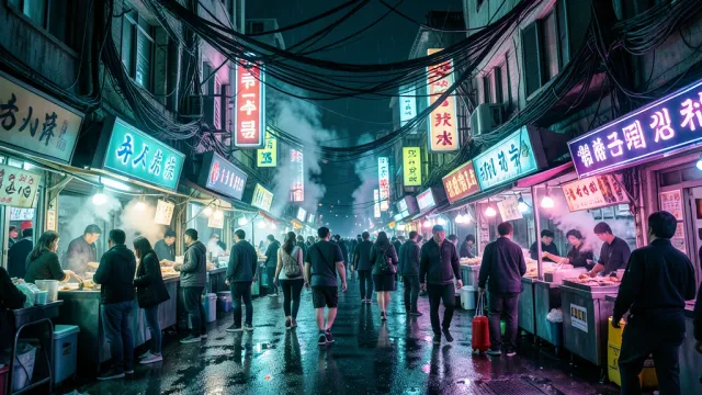 A neon cyberpunk night market alley scene — AI-generated example render