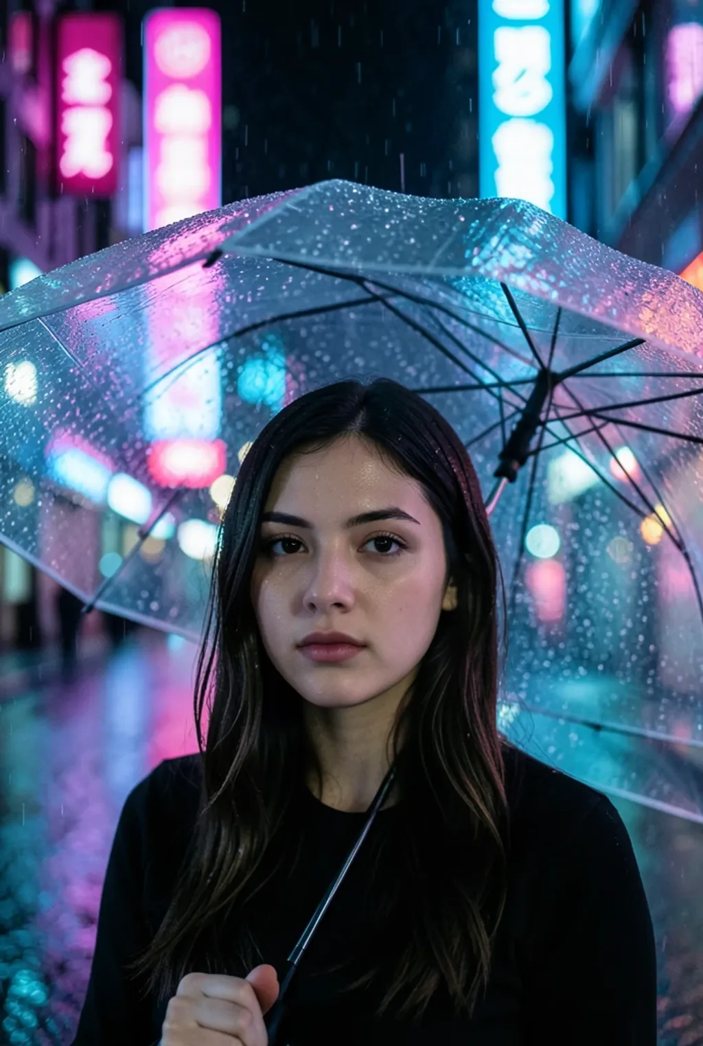 A photoreal cyberpunk portrait under neon rain with umbrella