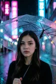 A photoreal cyberpunk portrait under neon rain with umbrella