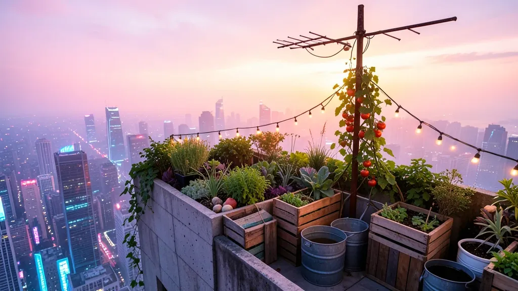A rooftop garden above a neon cyberpunk megacity at dawn